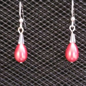 Dark coral teardrop faux pearl and cone-shaped faceted glass crystal earrings